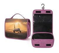 ELUZZIZUT Airplane at Sunset Toiletry Bag with Hanging Hook Large Travel Cosmetic Organizer Waterproof Portable Makeup Storage Multiple Compartments Bag for Men Women Bathroom