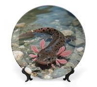 ELUZZIZUT Ceramic Decorative Plate with Display Stand Round Porcelain Axolotl Plate Ornaments Wall Hanging Decor Personalized Gifts for Kitchen Dining Home Office 7inch