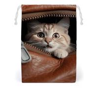 ELUZZIZUT Drawstring Storage Bag Reusable Gym String Bags Cat Peeks Out of Zippered Leather Pocket Sports Cinch Sack for Swimming Beach Travel