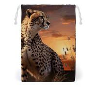 ELUZZIZUT Drawstring Storage Bag Reusable Gym String Bags Cheetah Looking Out Over Savanna with Sunset Sports Cinch Sack for Swimming Beach Travel
