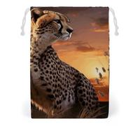 ELUZZIZUT Drawstring Storage Bag Reusable Gym String Bags Cheetah Looking Out Over Savanna with Sunset Sports Cinch Sack for Swimming Beach Travel