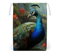 ELUZZIZUT Drawstring Storage Bag Reusable Gym String Bags Colorful Peacock Sports Cinch Sack for Swimming Beach Travel