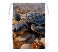 ELUZZIZUT Drawstring Storage Bag Reusable Gym String Bags Cute Baby Sea Turtle Crawled on The Beach Sports Cinch Sack for Swimming Beach Travel