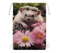 ELUZZIZUT Drawstring Storage Bag Reusable Gym String Bags Cute Hedgehog in Flowers Sports Cinch Sack for Swimming Beach Travel