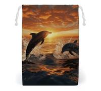 ELUZZIZUT Drawstring Storage Bag Reusable Gym String Bags Dolphins Jumping Out of The Water at Sunset Sports Cinch Sack for Swimming Beach Travel