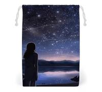 ELUZZIZUT Drawstring Storage Bag Reusable Gym String Bags Girl Looking at Stars Sports Cinch Sack for Swimming Beach Travel