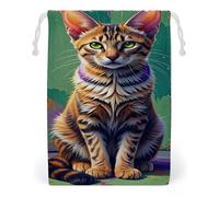 ELUZZIZUT Drawstring Storage Bag Reusable Gym String Bags Green-eyed Tabby Cat Sports Cinch Sack for Swimming Beach Travel
