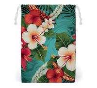 ELUZZIZUT Drawstring Storage Bag Reusable Gym String Bags Hawaiian Flowers on Green Background Sports Cinch Sack for Swimming Beach Travel