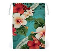 ELUZZIZUT Drawstring Storage Bag Reusable Gym String Bags Hawaiian Flowers on Green Background Sports Cinch Sack for Swimming Beach Travel
