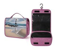 ELUZZIZUT Lighthouse Sandbeach Toiletry Bag with Hanging Hook Large Travel Cosmetic Organizer Waterproof Portable Makeup Storage Multiple Compartments Bag for Men Women Bathroom