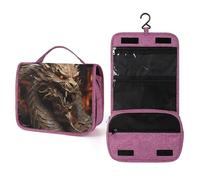 ELUZZIZUT Travel Toiletry Bag for Women with Hanging Hook Makeup Bag Golden Dragon on Red Background Waterproof Cosmetic Bag