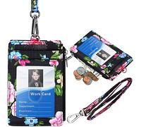ELV Badge Holder with Zipper, Floral ID Badge Card Holder Wallet with 5 Card Slots, 1 Side RFID Blocking Pocket and 20 inch Neck Lanyard Strap for Offices ID, School ID, Driver Licence (Floral)