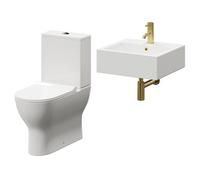 Elvas Wall Hung Basin and Toilet Suite including Round Brushed Brass Bottle Trap and Closed Back Toilet | White | ABS Polished Chrome | 470mm