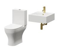 Elvas Wall Hung Basin and Toilet Suite including Round Brushed Brass Bottle Trap and Open Back Toilet | White | Ceramic | 470mm