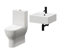 Elvas Wall Hung Basin and Toilet Suite including Round Matt Black Bottle Trap and Closed Back Toilet | White | ABS Polished Chrome | 470mm