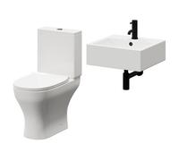 Elvas Wall Hung Basin and Toilet Suite including Round Matt Black Bottle Trap and Open Back Toilet | White | Ceramic | 470mm
