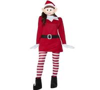 Smiffys Elves Behavin' Badly Ladies Elf Costume for Adults, Dress, Hat, Leggings, Gloves, Boot Covers, and Mask, Red and White, Officially Licensed, Ideal for Matching Couples and Group Fancy Dress