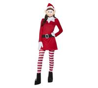 Smiffys Elves Behavin' Badly Ladies Elf Costume for Adults, Dress, Hat, Leggings, Gloves, Boot Covers, and Mask, Red and White, Officially Licensed, Ideal for Matching Couples and Group Fancy Dress