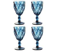 Elvida Interiors Blue Vintage Diamond Cut Wine Goblets Set of 4 - 280ml Coloured Glasses with Sturdy Stem - Elegant Crystal-Style Drinking Glasses for Wine, Cocktails & Water