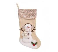 Elvida Interiors Christmas Stocking with Snowman Design - 45cm Large Beige & White Rustic Xmas Stocking for Fireplace Mantel, Knitted Cuff Holiday Decoration, Gift Bag for Kids & Family