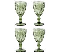 Elvida Interiors Green Vintage Diamond Cut Wine Goblets Set of 4 - 280ml Coloured Glasses with Sturdy Stem - Elegant Crystal-Style Drinking Glasses for Wine, Cocktails & Water
