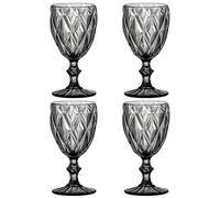 Elvida Interiors Grey Vintage Diamond Cut Wine Goblets Set of 4 - 280ml Coloured Glasses with Sturdy Stem - Elegant Crystal-Style Drinking Glasses for Wine, Cocktails & Water