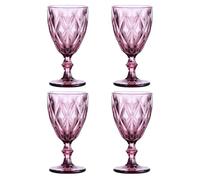 Elvida Interiors Purple Vintage Diamond Cut Wine Goblets Set of 4 - 280ml Coloured Glasses with Sturdy Stem - Elegant Crystal-Style Drinking Glasses for Wine, Cocktails & Water
