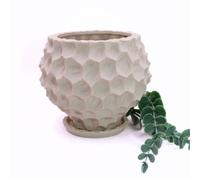 Elvida Interiors Sculpted Concrete Planter Art Deco Textured Indoor Garden Planter Outdoor Plant Pot Flower Pot (H) 16cm, (Dia) 13cm in Beige Elvida Interiors Beige