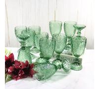 Elvida Interiors Set of 12 Vintage Embossed Green Glass Wine Goblet Spring Summer Luxury Wedding Gift Idea - 300ml | Size: 12 Pack Elvida Interiors Green 12 Pack