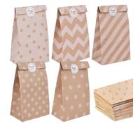 Elvielsl 40Pcs Paper Party Bags, 13x8x24cm Paper Gift Bags Kraft Paper Candy Bags Goodie Treat Bags Kraft Paper Bag with 48pcs Stickers for Birthday, Wedding, Party, Christmas, Baby Showers (Brown)