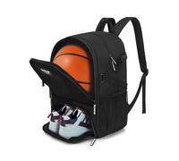 ELVINAM® Basketball Backpack, Large Sports Bag with Ball Compartment, Black Polyester, Multiple Pockets, Shoe Storage, Laptop Compatible, 43x36x25 cm