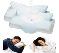 Elviros 2 Pack Cervical Memory Foam Pillow for Neck Pain Orthopedic Neck Pillow for Shoulder Pain Ergonomic Head Neck Support Pillow for Side/Back/Stomach Sleepers with Removable Cover (Blue)