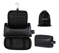 Elviros Large PU Leather Hanging Toiletry Bag for Men Double-Layer, Black