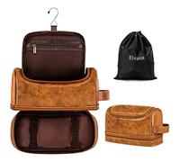 Elviros Large PU Leather Hanging Toiletry Bag for Men Double-Layer, Brown