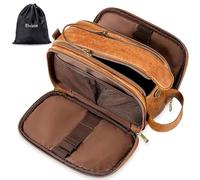 Elviros Water-Resistant PU Leather Toiletry Bag for Men Large Travel Wash Bag Shaving Dopp Kit Bathroom Gym Toiletries Makeup Organizer with Wet Dry Compartment (Brown)