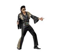Smiffys Elvis Costume in Black and Gold for Adults, Shirt, Trousers, Cape, and Belt, Officially Licensed, Black Flared Trousers with Gold Insert, Ideal for Matching Music-Themed Fancy Dress