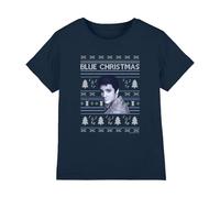 Elvis Blue Ugly Christmas Fair Isle Kids T Shirt, Navy, 3-4