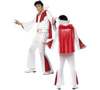 Elvis Costume, White & Red, With Shirt, Trousers, Cape & Belt - elvis costume fancy dress mens white outfit rock viva adults 1950s presley roll