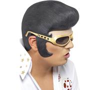 Black Elvis Headpiece - elvis headpiece fancy dress smiffys wig presley mens adult mask costume Rubber accessory licensed hair glasses shades