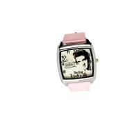 Elvis Presley Quartz Square Watch - Real Leather Pink Band, Stainless Steel Case, 24cm Band