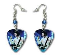 Elvis Presley Wearing White Jumpsuit With Blue Background Guitar Pick Earrings With Blue And Silver Accent Beads - Mid-South Products