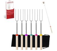 ELVYNIA 6 Pack Marshmallow Toasting Forks Kit - Extending Stainless Steel U-Shape Smores Sticks for Roasting & Toasting Over an Open BBQ - Retractable Fire Pit Accessories for Outdoor, Indoor Campfire