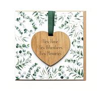 Elvyyn New Home New Adventures New Memories Congratulations Card with Wooden Heart Plaque and Envelope Good Luck Leaving Card for New Job New Home Men & Women