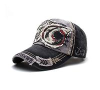 Elwow Men's Oilcloth Front Decor Washed Distressed Embroidery Baseball Cap Driver Trucker Hat with Eagle & Shark Patch(Shark Black)