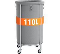 ELYKEN Laundry Hamper with Wheels, 110L Rolling Laundry Basket, Round Laundry Cart with Steel Frame and Removable Bag, 4 Casters and 2 Brakes, Dirty Clothes Hamper for Hotel, Home, Grey