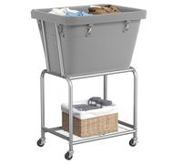 ELYKEN Standing 72L Laundry Basket, Large Laundry Washing Basket Bin with Storage Shelf & Lockable Wheels, Sturdy Laundry Hamper, Space-Saving Avoid Bending & Straining, Grey