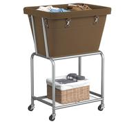 ELYKEN Standing 72L Laundry Basket, Large Laundry Washing Basket Bin with Storage Shelf & Lockable Wheels, Sturdy Laundry Hamper, Space-Saving Avoid Bending & Straining, Camel Brown