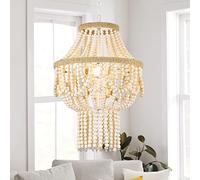ELYONA 3-Light Large Birch Wood Beaded Chandelier, 16 Inch Boho Farmhouse Pendant Light Feature, Rustic Hanging Light, Country Chandelier for Bedroom, Kitchen, Dining Room, Living Room, Entryway