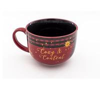 Elysian Gift Shop Christmas 18oz Ceramic Mug with Silicone Lid - Red Holiday Coffee Cup with Gold & Black Details, Buffalo Plaid Trim, Cozy & Content Design, Microwave & Dishwasher Safe