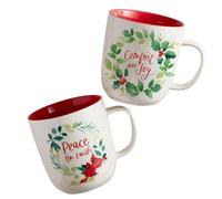 Elysian Gift Shop Festive Bone China Mug Set - 2 Mugs, 14oz, Vintage Christmas Wreath with Cardinals & Mistletoe, Peace on Earth & Comfort and Joy, White and Red, Microwave/Dishwasher Safe